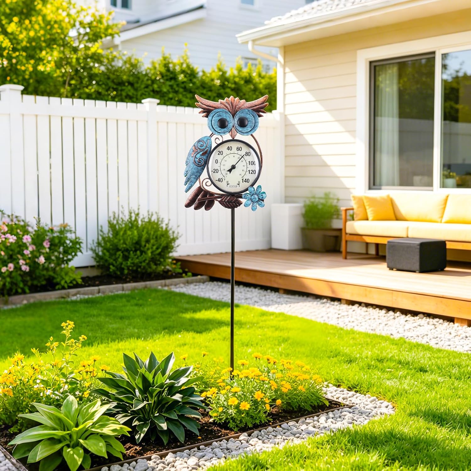 Outdoor Thermometer, Owl Outside Decor for Patio, Yard and Garden | No Battery Needed Garden Stake Wall Art Gifts Idea