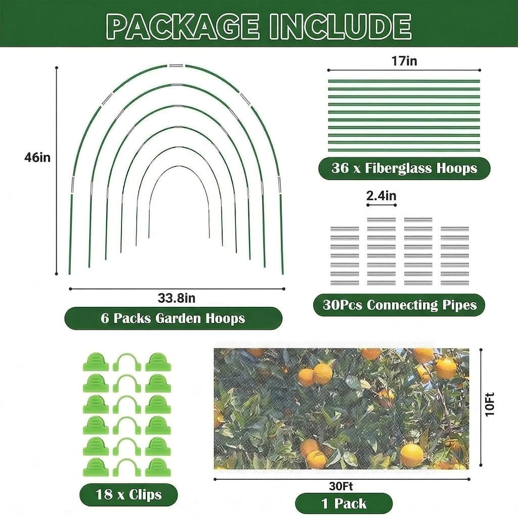 Garden Netting Kit for Raised Beds, 10x30FT Plant Cover Ultra Fine Mesh Netting & 6 Sets Fiberglass Garden Hoops & 18