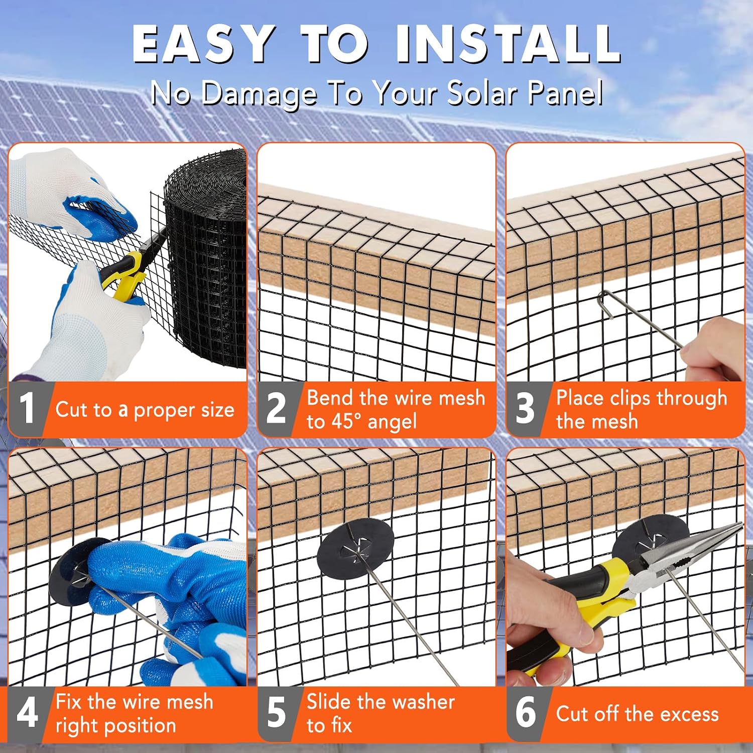 6in x 50ft Solar Panel Bird Guard & Critter Guard Mesh Kit, PVC Coated Wire Mesh Bird Wire with 60 Clips, 100 Cable