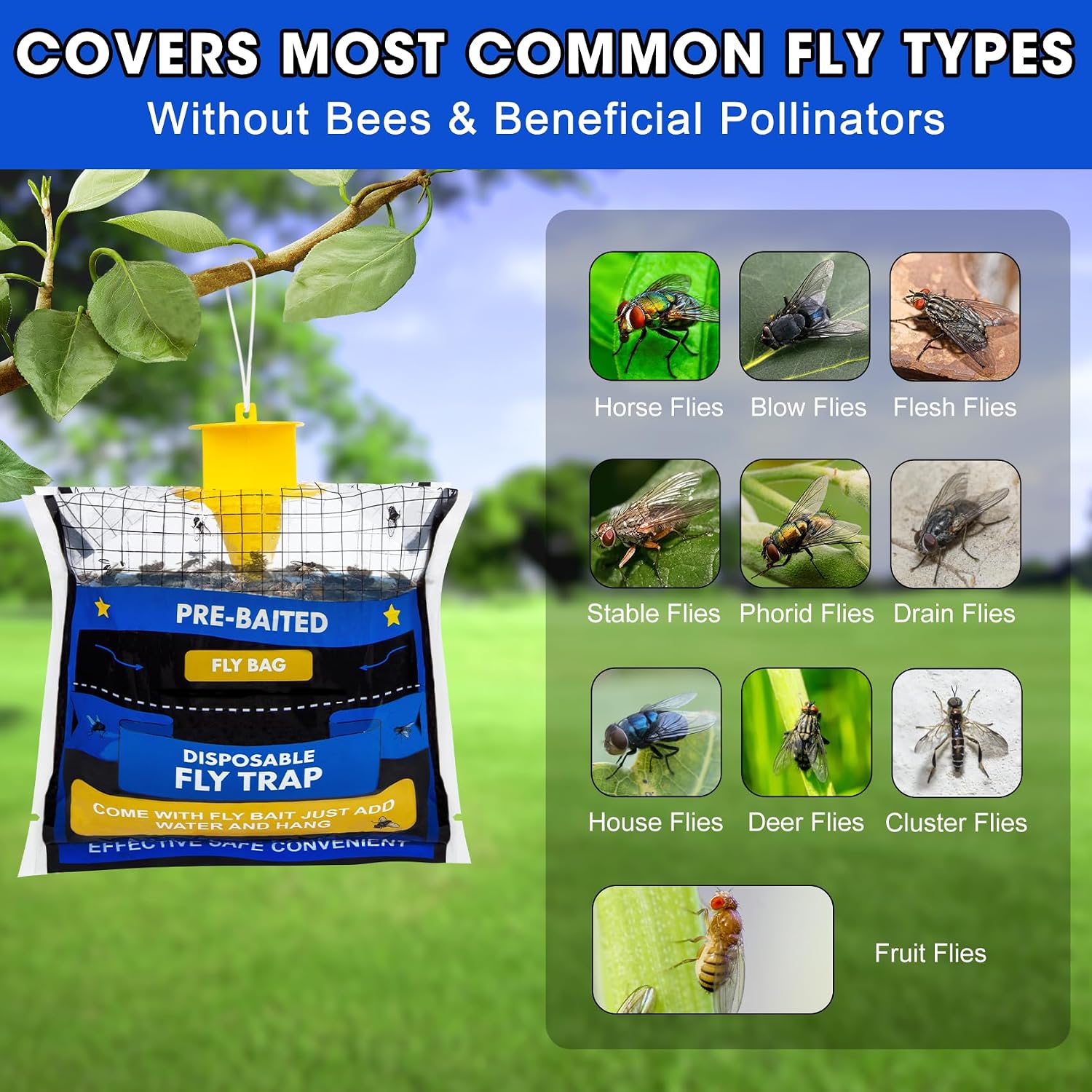 10 Pack Pre-Baited Fly Traps Outdoor Fly Bags for Patio Farm Ranch | 30g Dissolvable Bait Fly Hunter for Flying