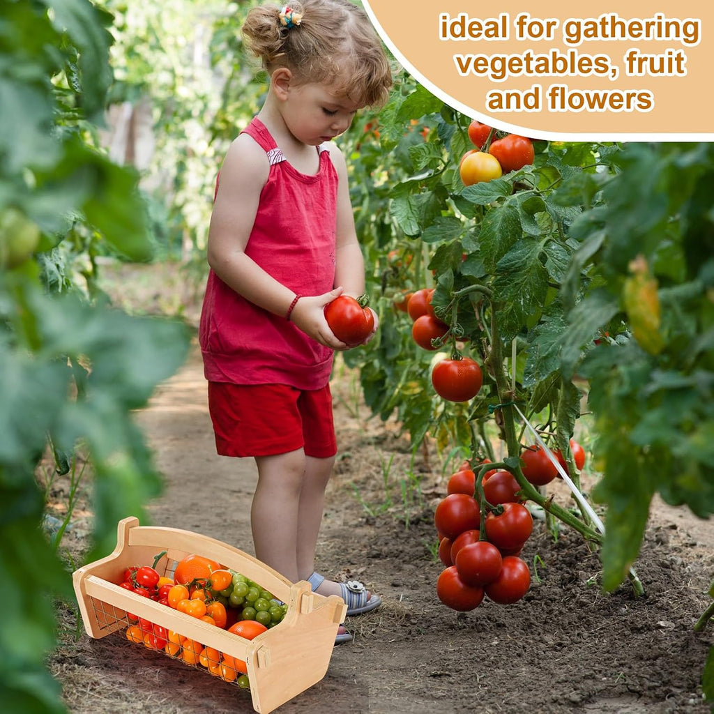 Teenyyou Large Garden Hod Harvest Basket 13 x 9 x 7 Inch, Wooden Gathering Basket with Handle Wire Mesh for Gardening