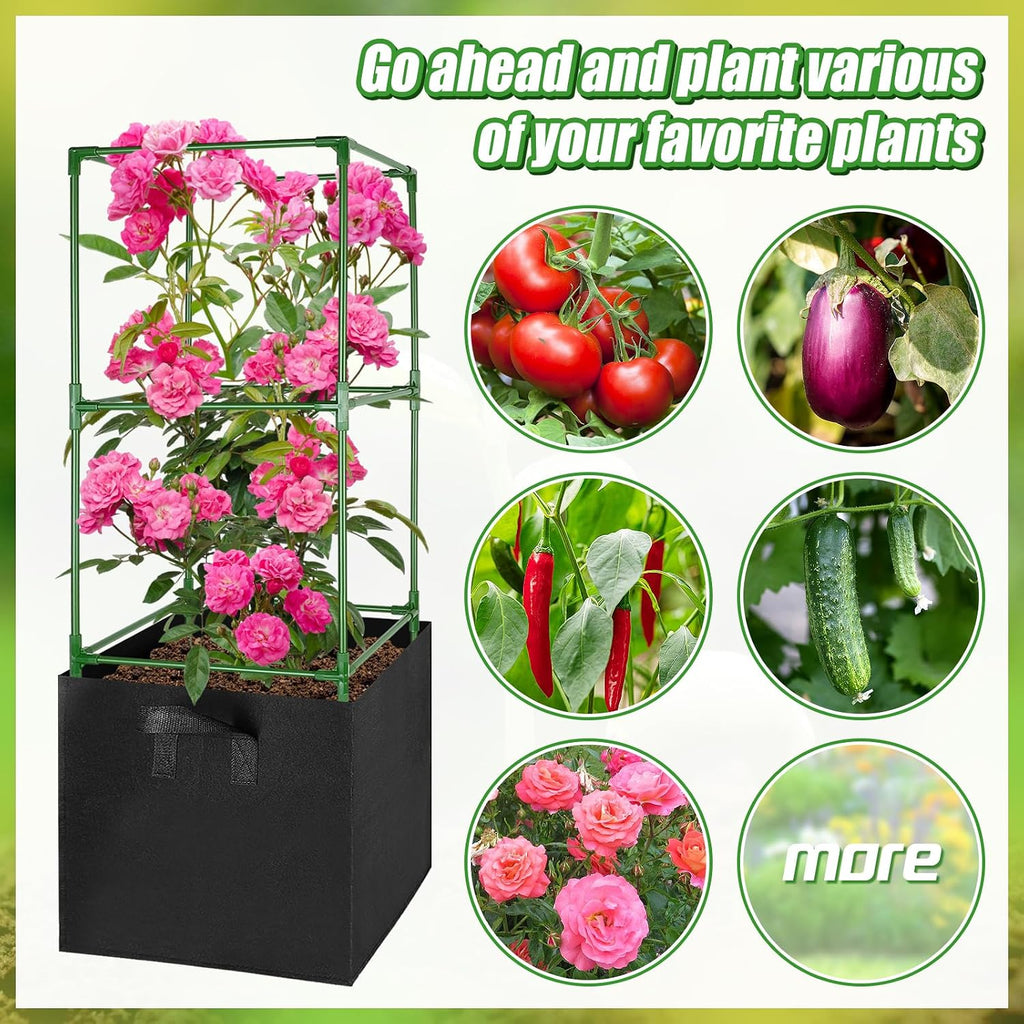 ANPHSIN Sturdy Square Tomato Cage with Movable 17 Gal Grow Bags, 3 Sets | 46'' Plants Garden Trellis Planter, Support