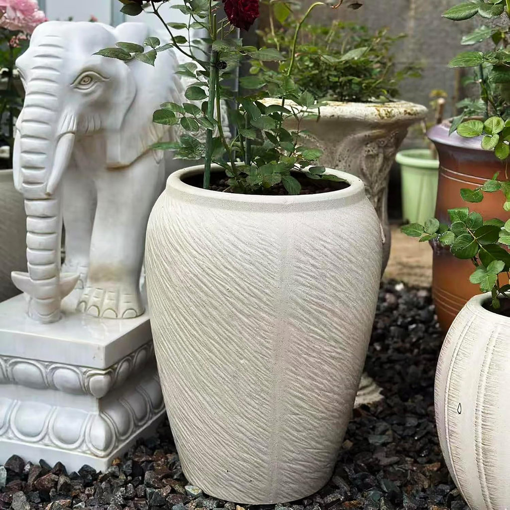 VISIBLE Large Round Ceramic Planter Pot, Beige, Radish Stripes Shape, 10.6 Inch Opening, 20.5 Inch Tall, Indoor Outdoor