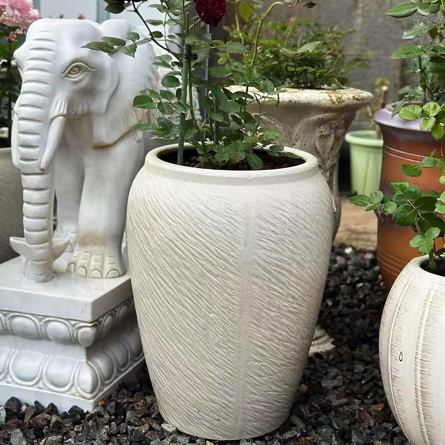 VISIBLE Large Round Ceramic Planter Pot, Beige, Radish Stripes Shape, 10.6 Inch Opening, 20.5 Inch Tall, Indoor Outdoor