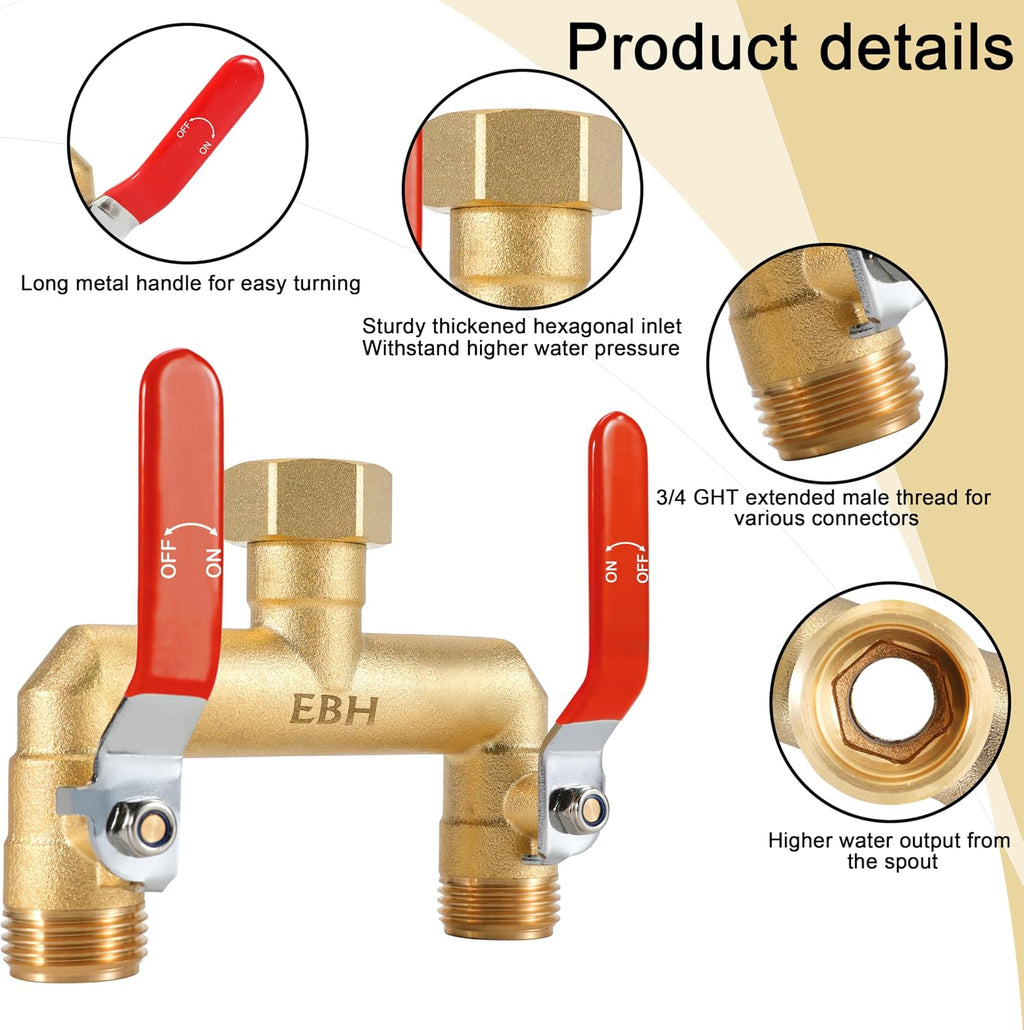 EBH Garden Hose Splitter, 2-Way Full Flow Brass Heavy Duty Outdoor Hose Manifold with Extra Long Handles Shutoff Valves