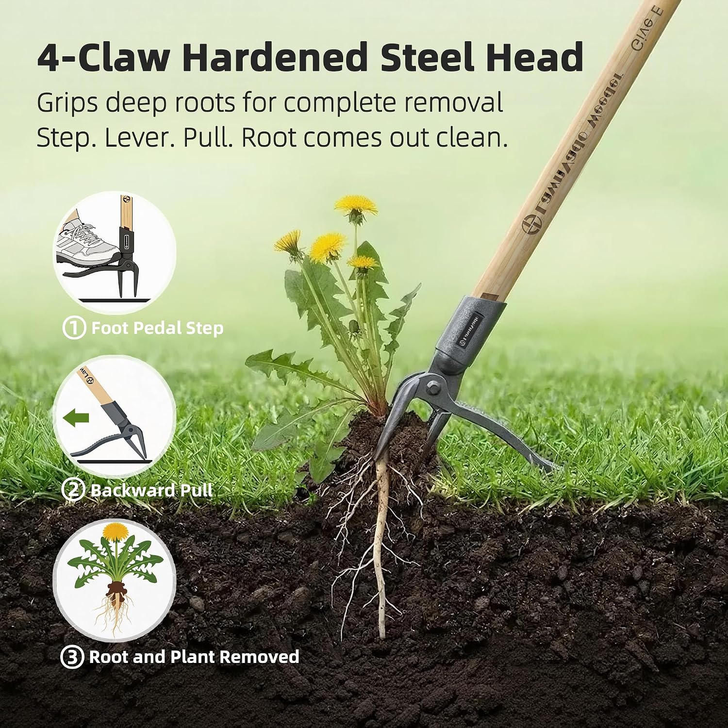 Stand Up Weed Puller Tool, Long Handle Weed Remover, 4-Claw Steel Head | Manual Root Remover, No-Bend Weeding, Bamboo