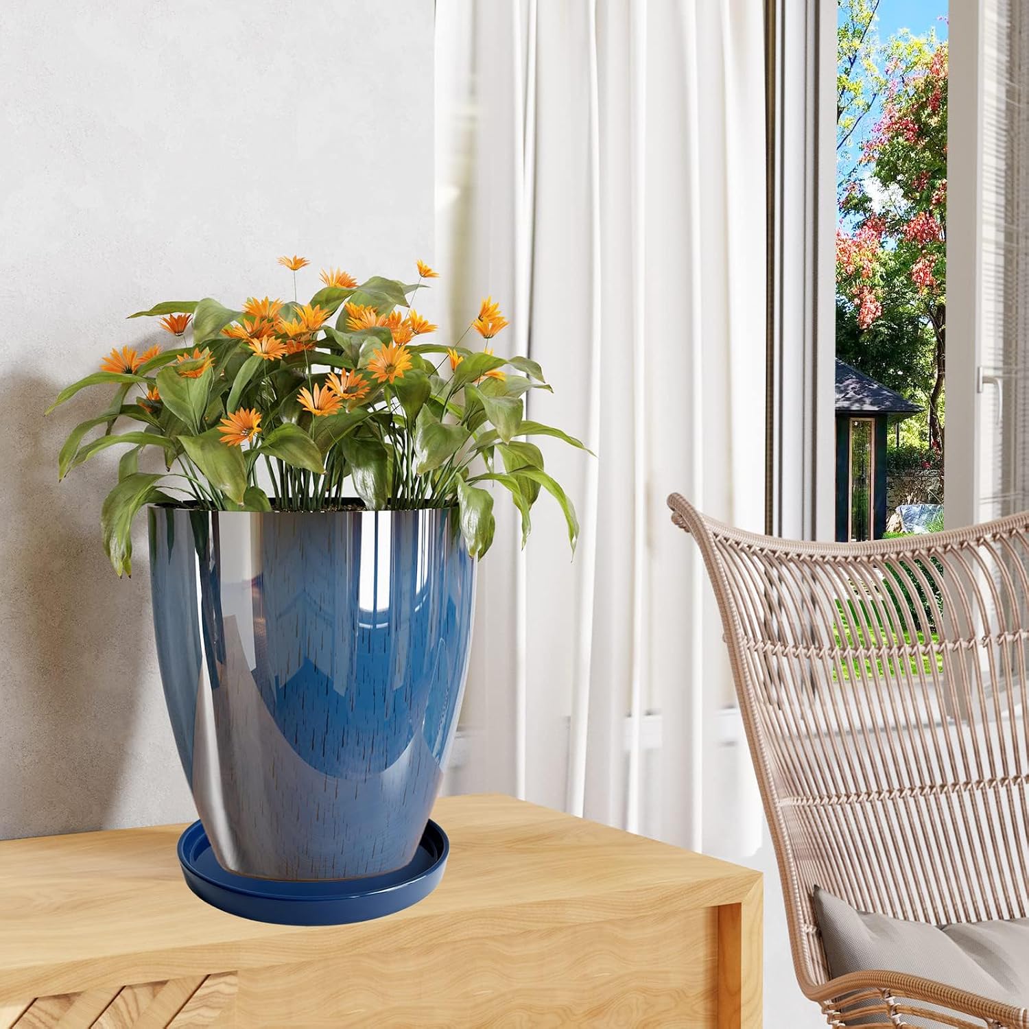 Yukfona Ceramic Plant Saucer Tray 1 Pcs 10 Inch Blue, 10.83" OD x10.24 ID x1.1 Deep| Fits Flower pots Bottom≤ 10.24"