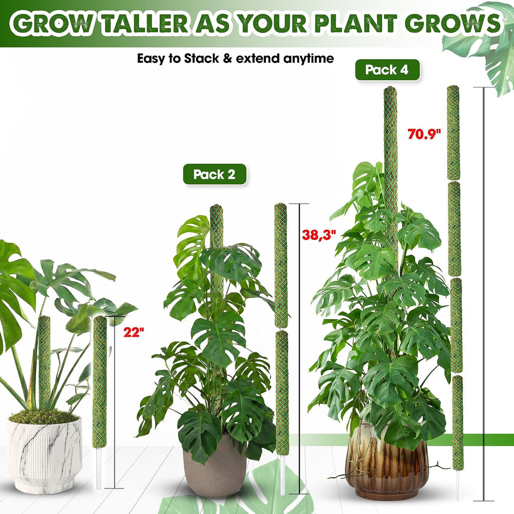 4 Pack 22" Green Stackable Mesh Moss Pole for Plants | Extendable Up to 71", Natural Forest Moss Pole Monstera Plant