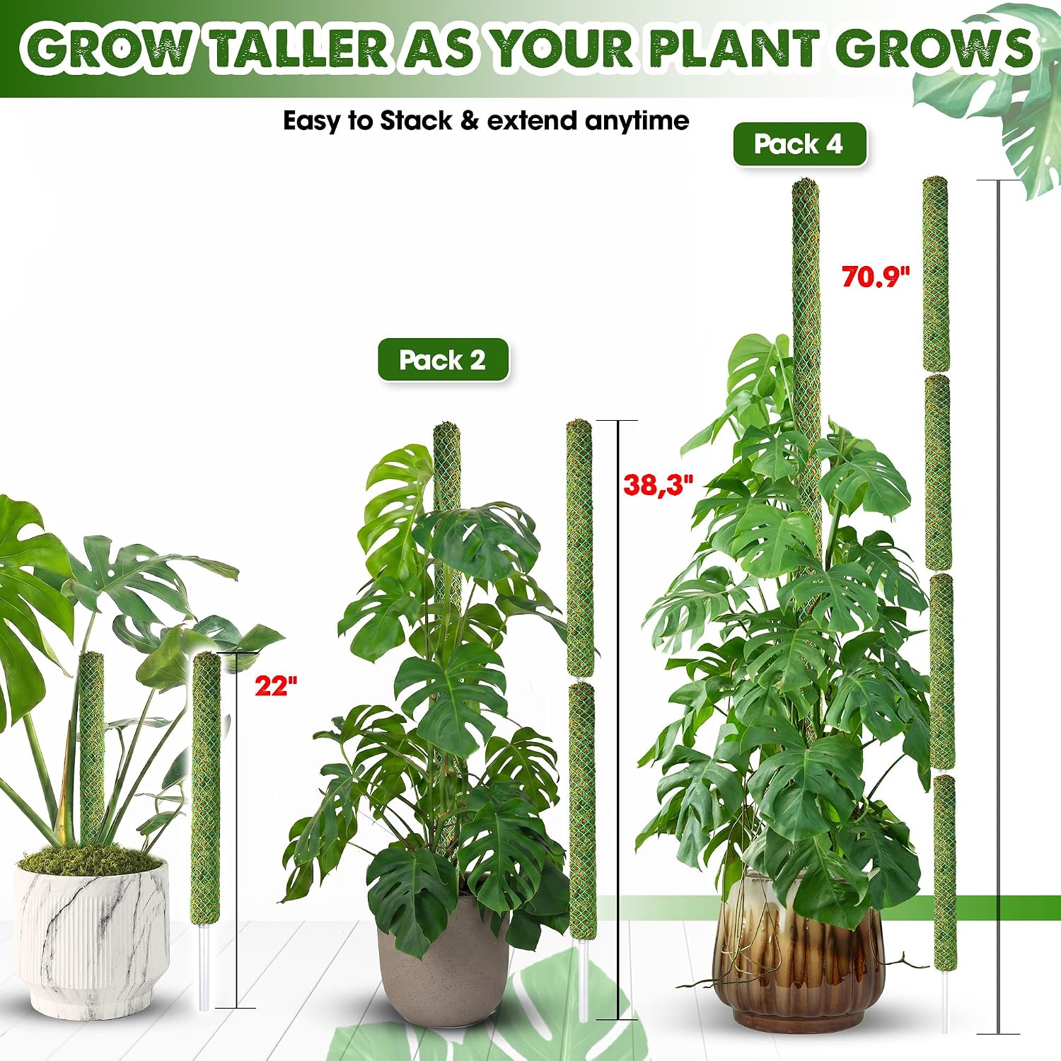 4 Pack 22" Green Stackable Mesh Moss Pole for Plants | Extendable Up to 71", Natural Forest Moss Pole Monstera Plant