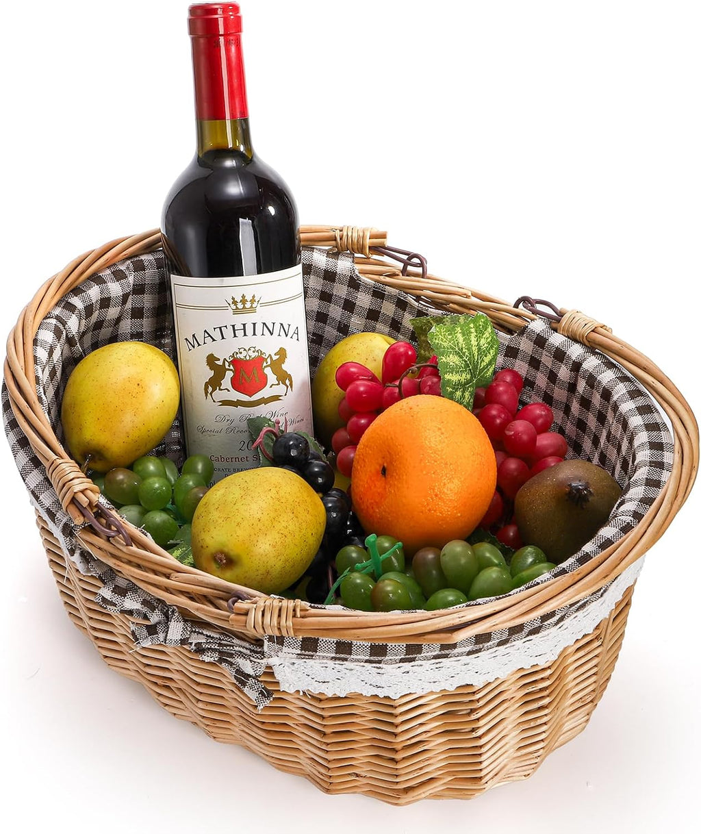 Peohud Wicker Picnic Basket with Double Folding Handles, Empty Baskets for Gifts, Woven Easter Basket, Willow Picnic
