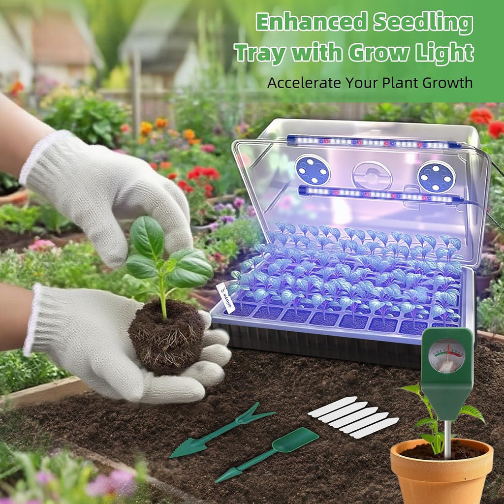 120-Cell Self-Watering Seed Starter Tray with Grow Light, 1–24H Timer, Humidity Dome, Soil pH Meter, Gloves, Seedling