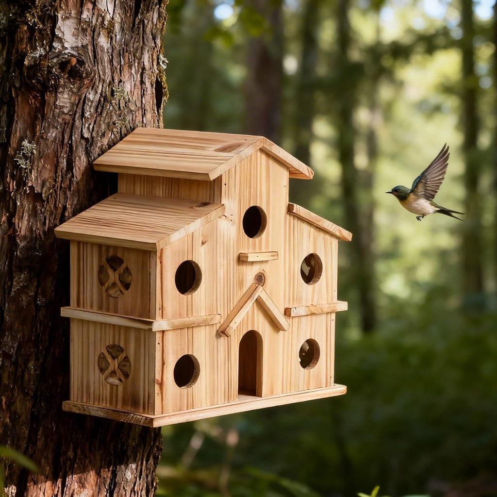 Bird Houses for Outside, 6-Holes Multi-Chamber Birdhouse for Finches Wrens Chickadees, 1.37" Entrance Holes, Decorative