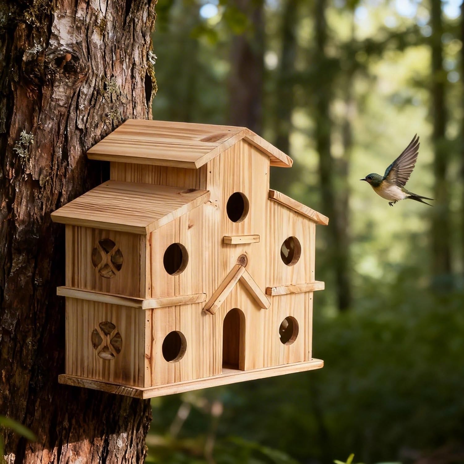 Bird Houses for Outside, 6-Holes Multi-Chamber Birdhouse for Finches Wrens Chickadees, 1.37" Entrance Holes, Decorative