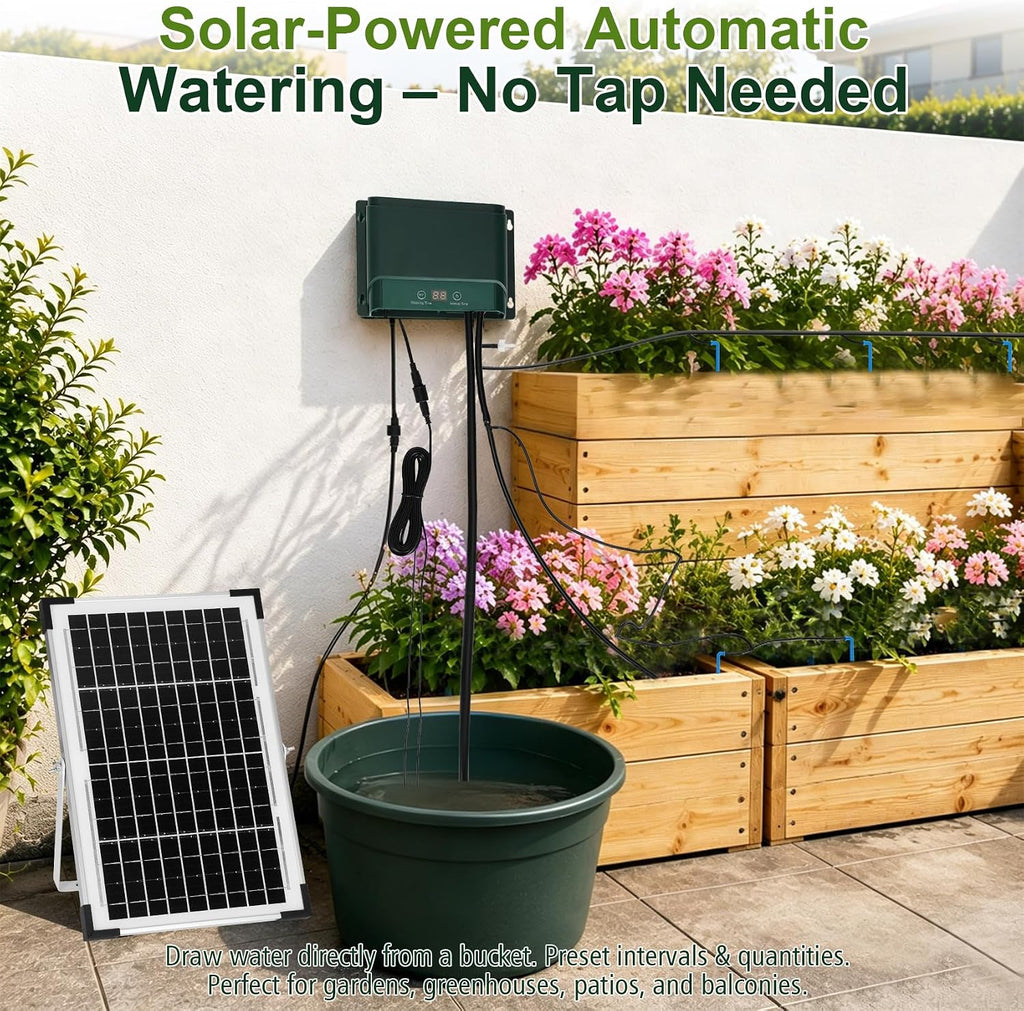 Solar Drip Irrigation System, 10W Auto Watering Kit for 50 Plants | 164FT Hose,Smart Alarm for Pump Issues,Indoor