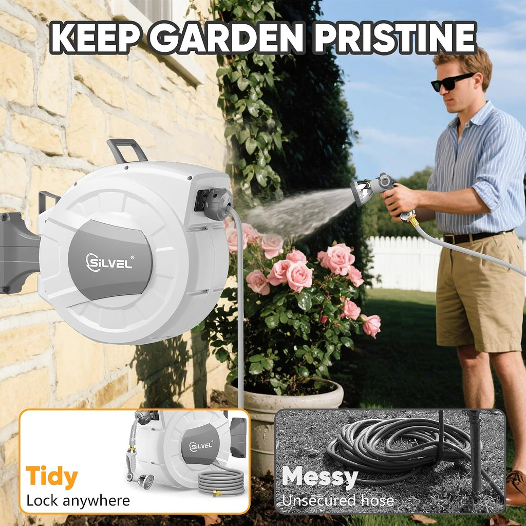 Retractable Garden Hose Reel, 1/2" x 100ft Wall Mount Heavy Duty Automatic Hose Reel with 10 Pattern Nozzle, Any Length