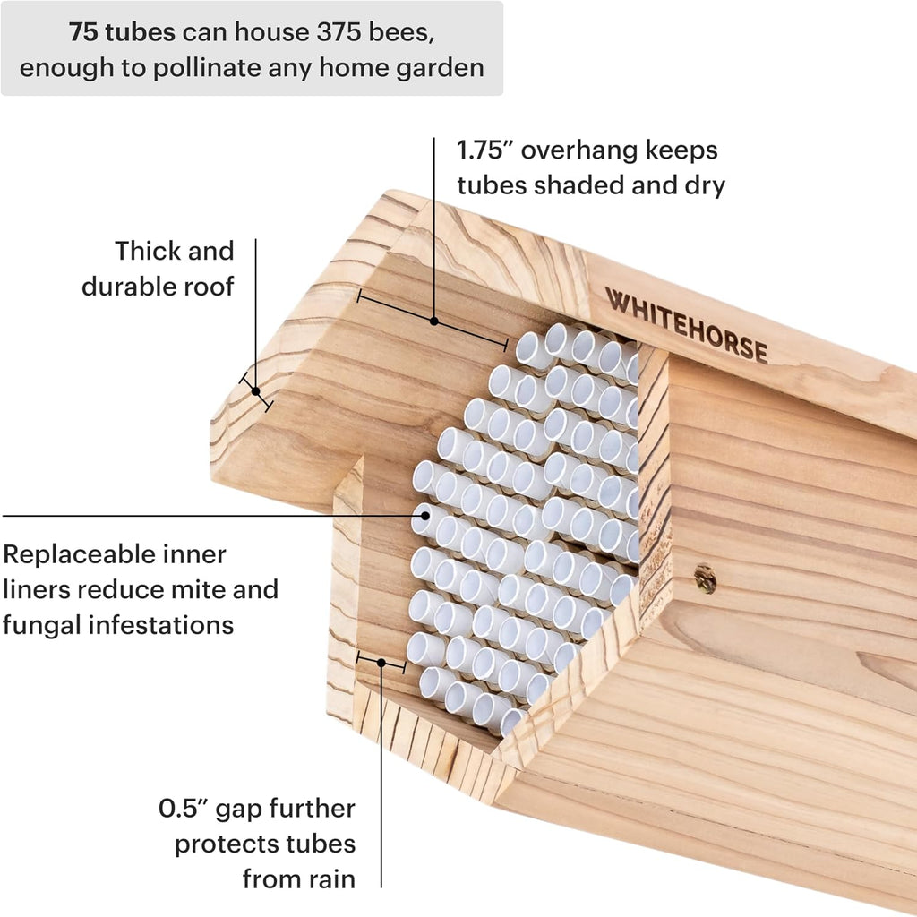 WHITEHORSE Premium Cedar Bee House - 6” Long Replaceable Tubes - Perfect for Mason Beekeeping - an Insect Hotel Built