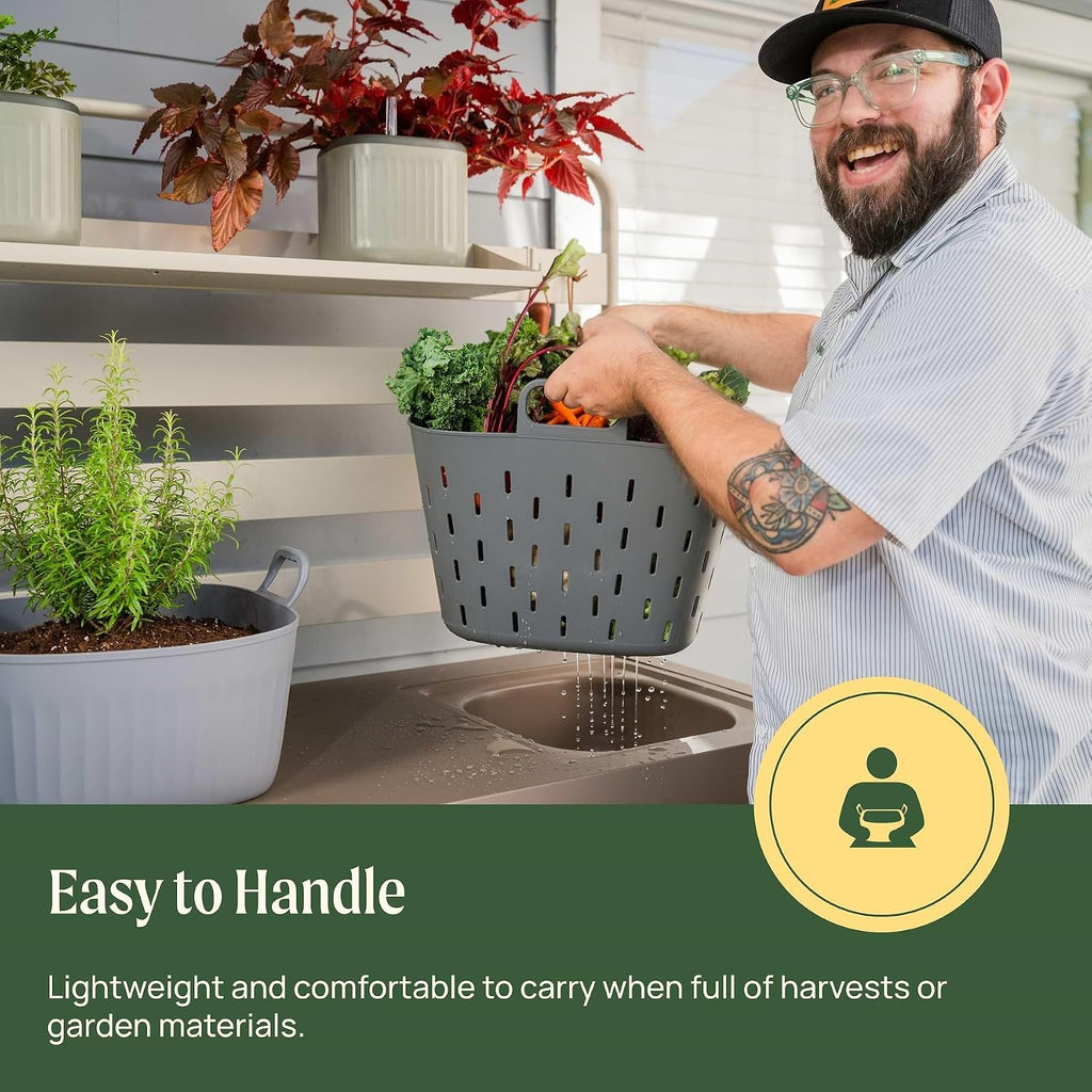 Vego FlexTrug Tub for Indoor, Outdoor Gardening Strainer Basket for Harvest, Rinse and Garden Use- 8 Gallon, Fog Gray
