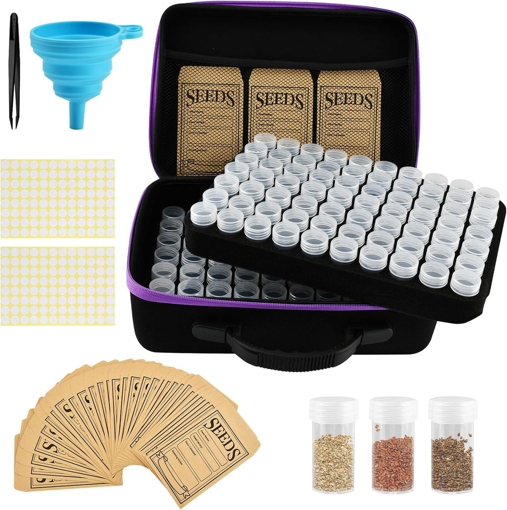 Seed Storage Organizer Box with 140 Slots and Plastic Bottles, Portable Garden Seed Vault Kit with