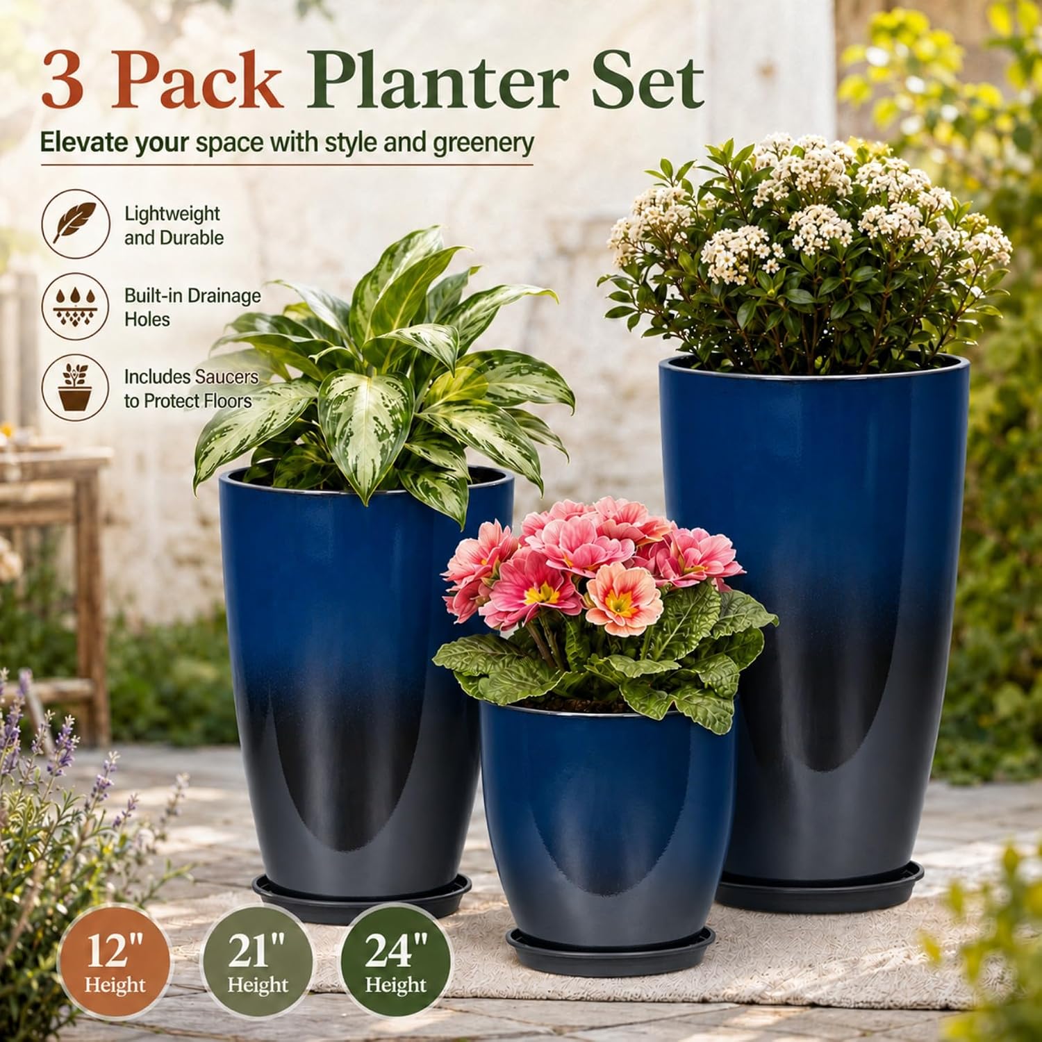 Neoaider Set of 3 Tall Planter, 24/21/12in Large Plastic Planter, Dark Blue | Ceramic-Look, Lightweight, Built-in Drain