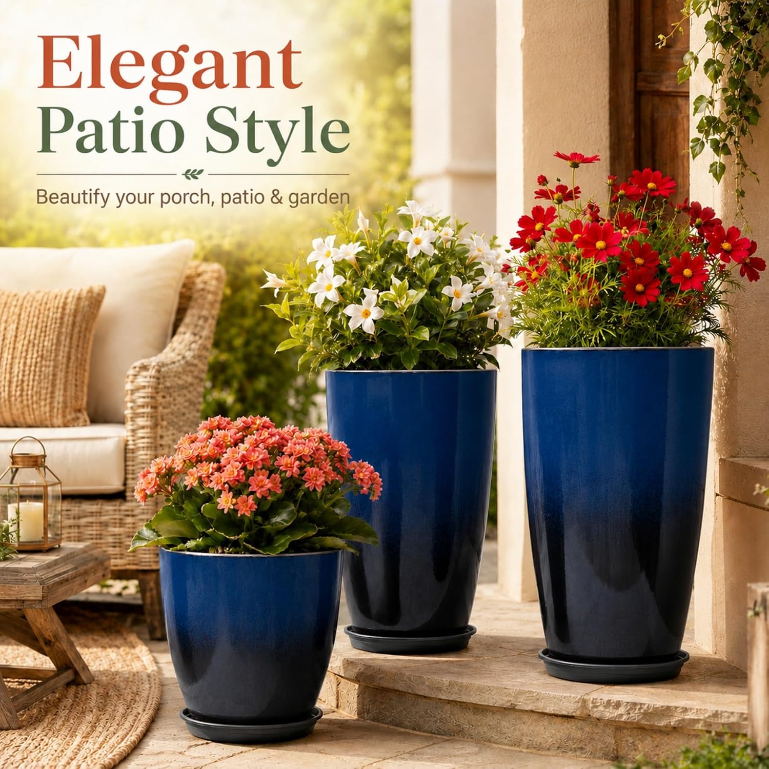 Neoaider Set of 3 Tall Planter, 24/21/12in Large Plastic Planter, Dark Blue | Ceramic-Look, Lightweight, Built-in Drain