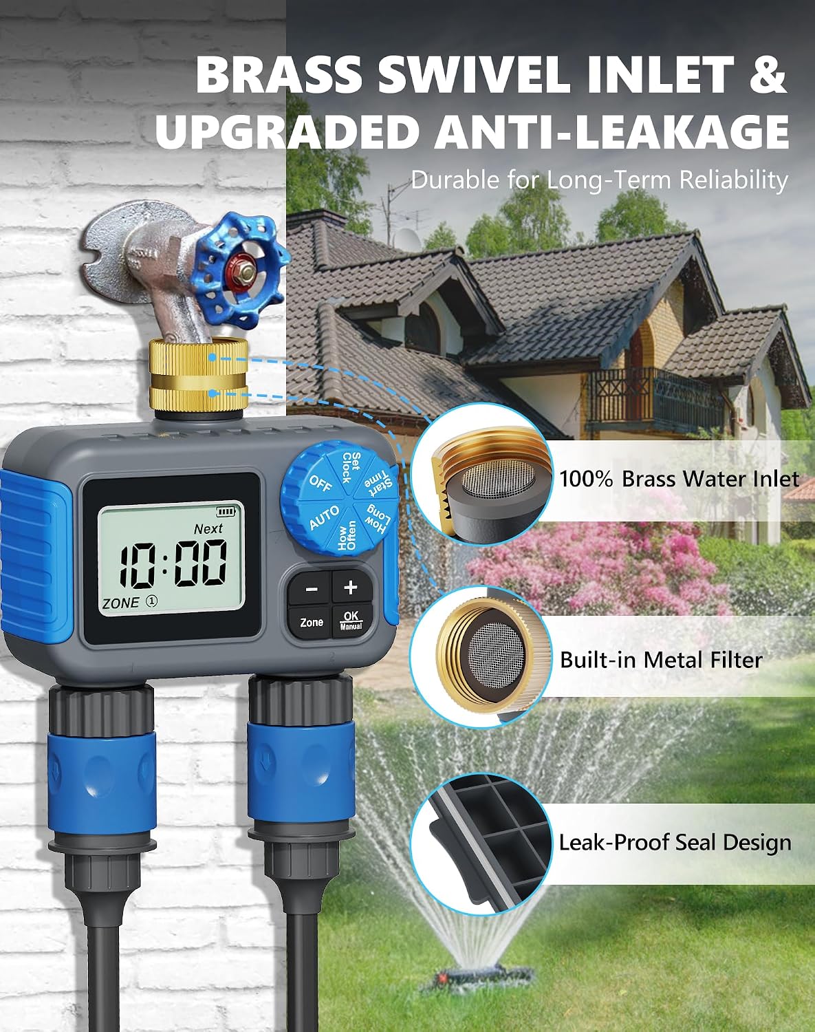 Sprinkler Timer with Brass Swivel, Hose Timers for Watering | Digital Irrigation Timer with Rain Delay & Manual Mode