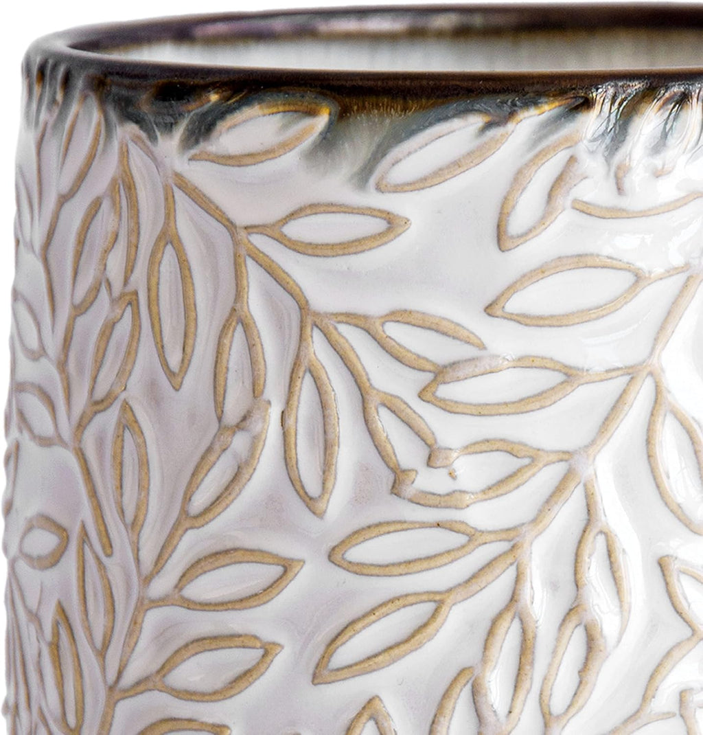 D'vine Dev Embossed Leaves Ceramic Planter, 5 in, Smoked White, 27-A-V-1 | Nature-Inspired Leaf Pattern, Handcrafted