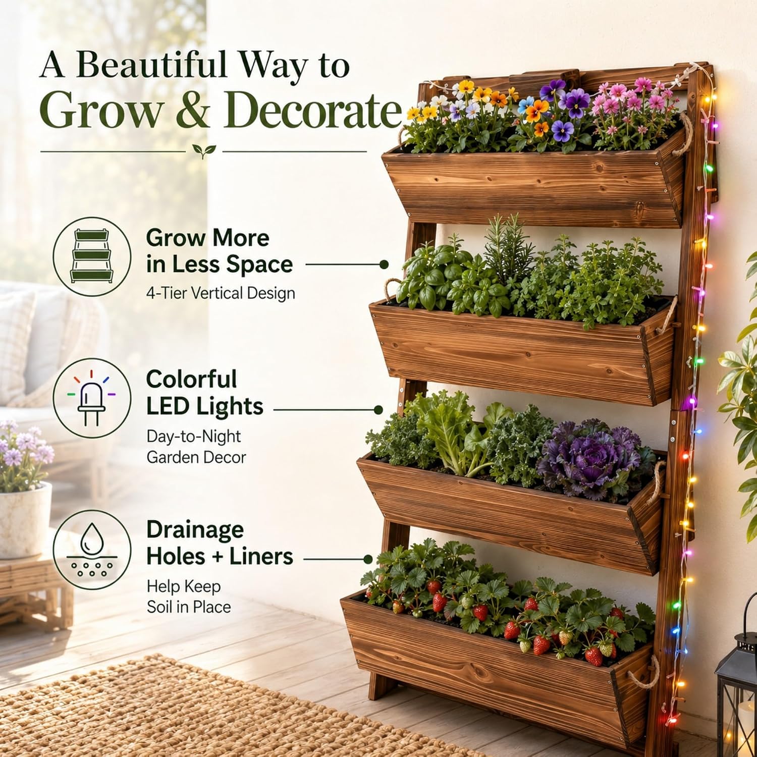 51" 4-Tier Vertical Garden Planter with LED Lights | Wooden Raised Garden Bed for Outdoor Herbs & Flowers, Wall-Leaning