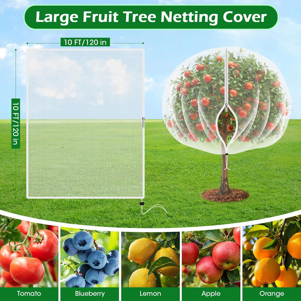 10'x10' Fruit Tree Netting Cover with Zipper and Drawstring | Ultra-Fine Mesh Garden Plant Insect Pest Net Barrier to