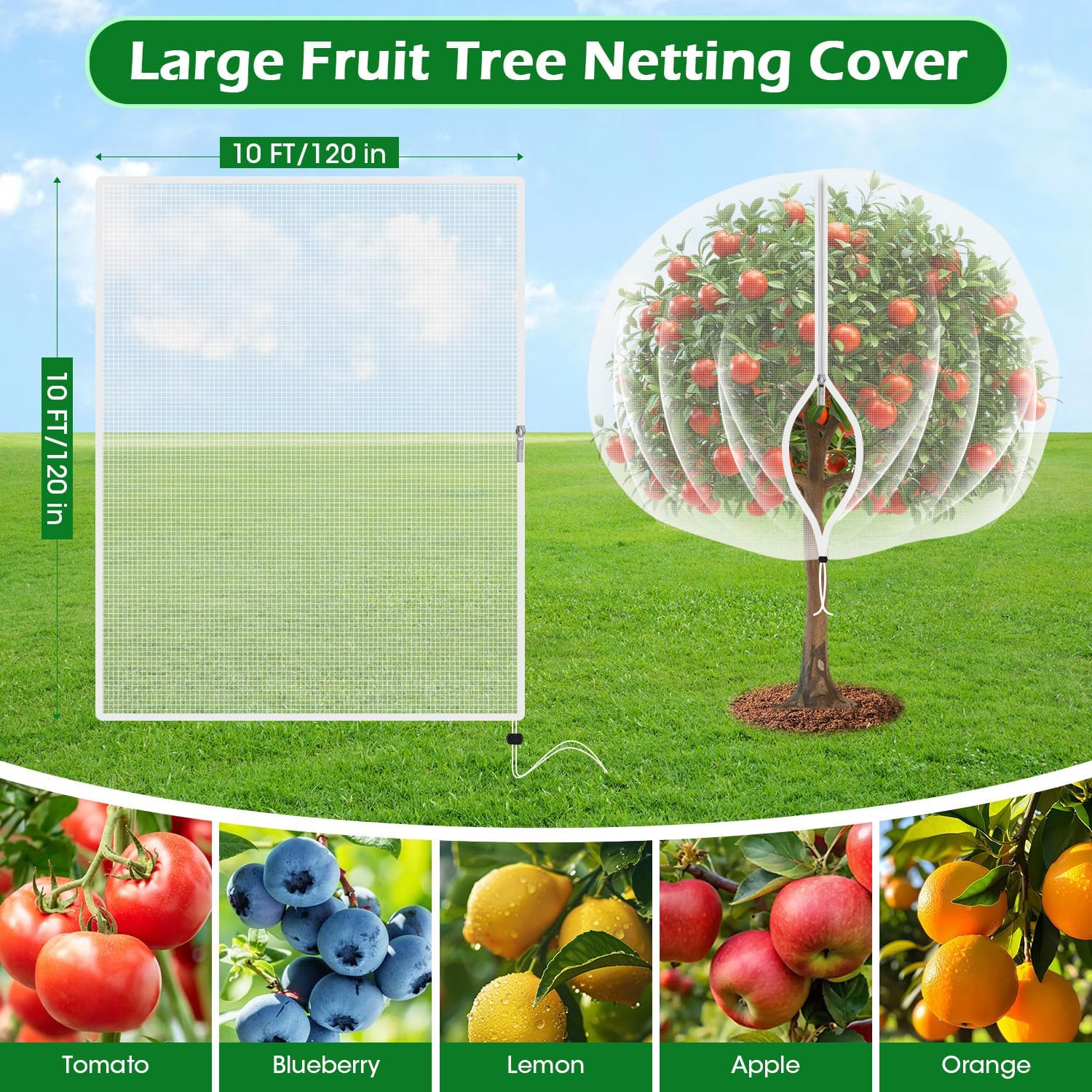 10'x10' Fruit Tree Netting Cover with Zipper and Drawstring | Ultra-Fine Mesh Garden Plant Insect Pest Net Barrier to