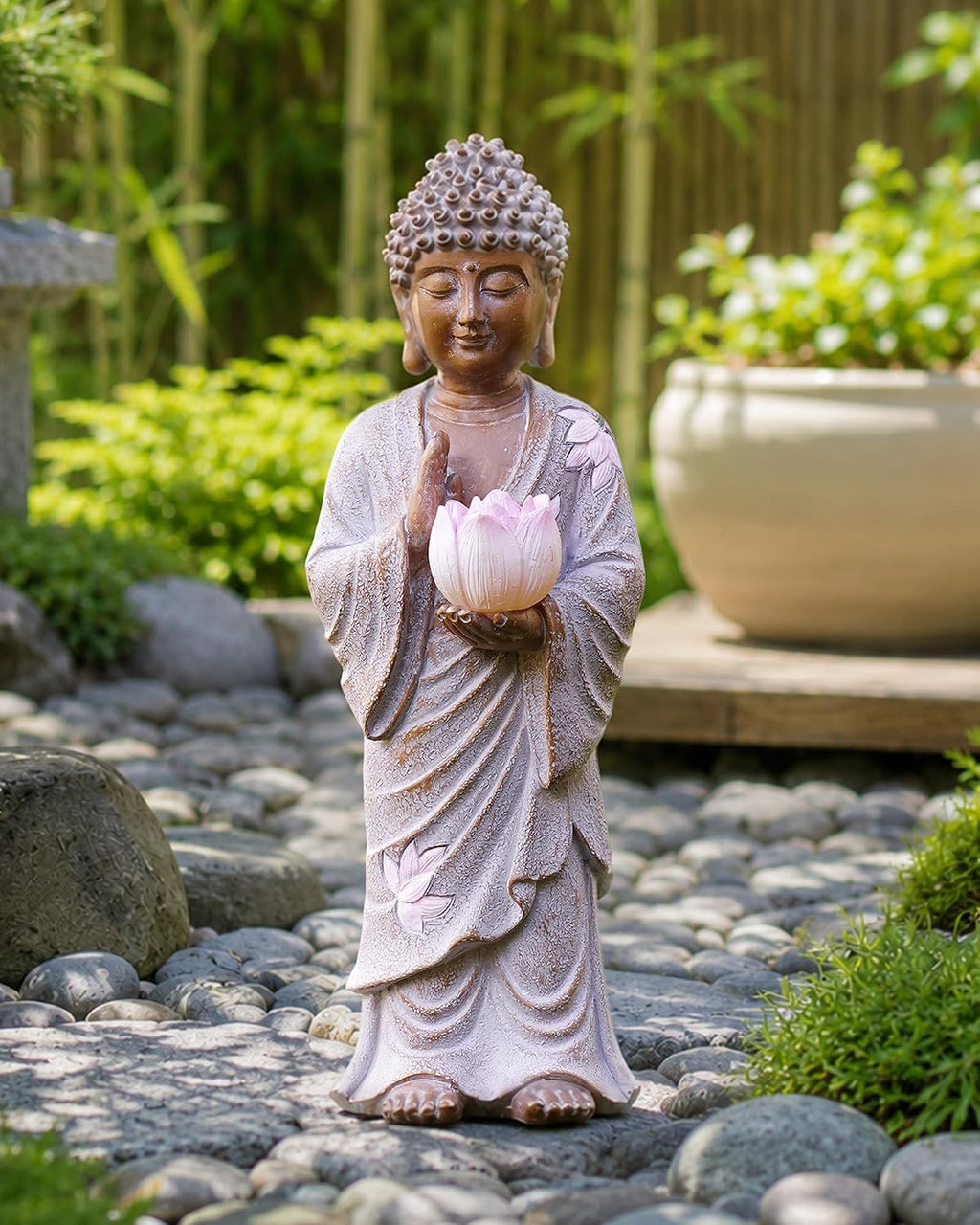 Solar Buddha Garden Statue Decor: Standing Figurine with Lotus Light | 11-Inch White Zen Sculpture, Patio Lawn Yard
