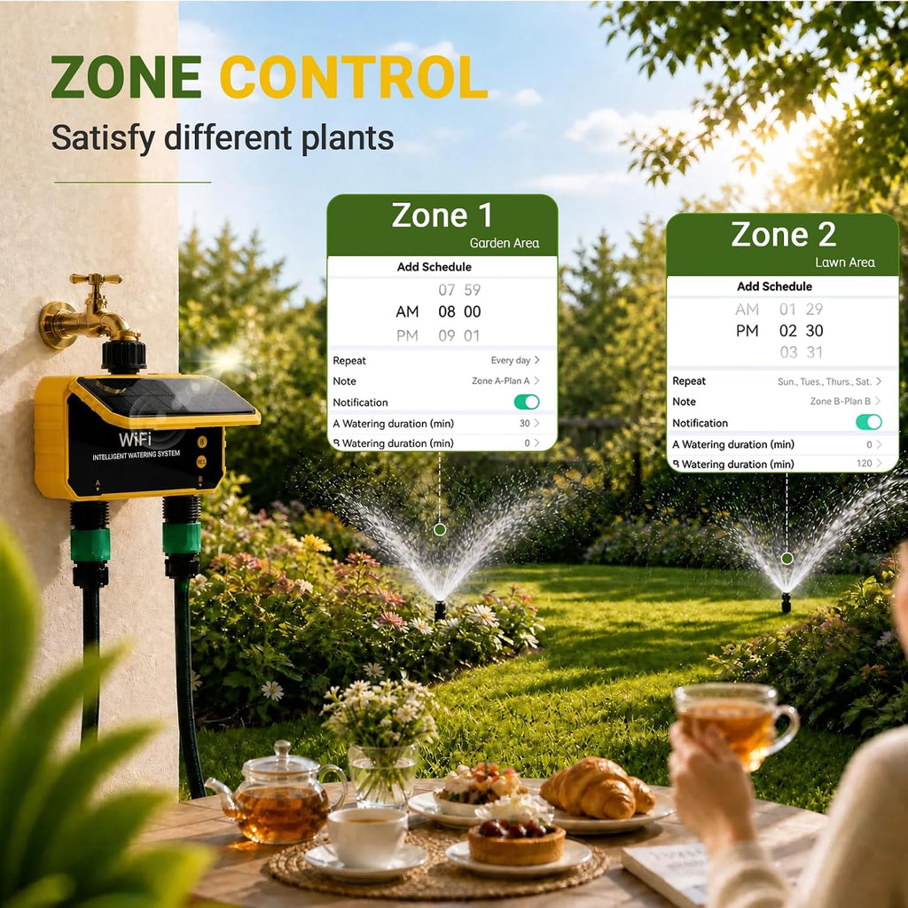 Sprinkler Timer, Solar WiFi Water Timer for Garden Hose, 2 Zone Water Sprinkler with Rain Sensor and Manual Mode via