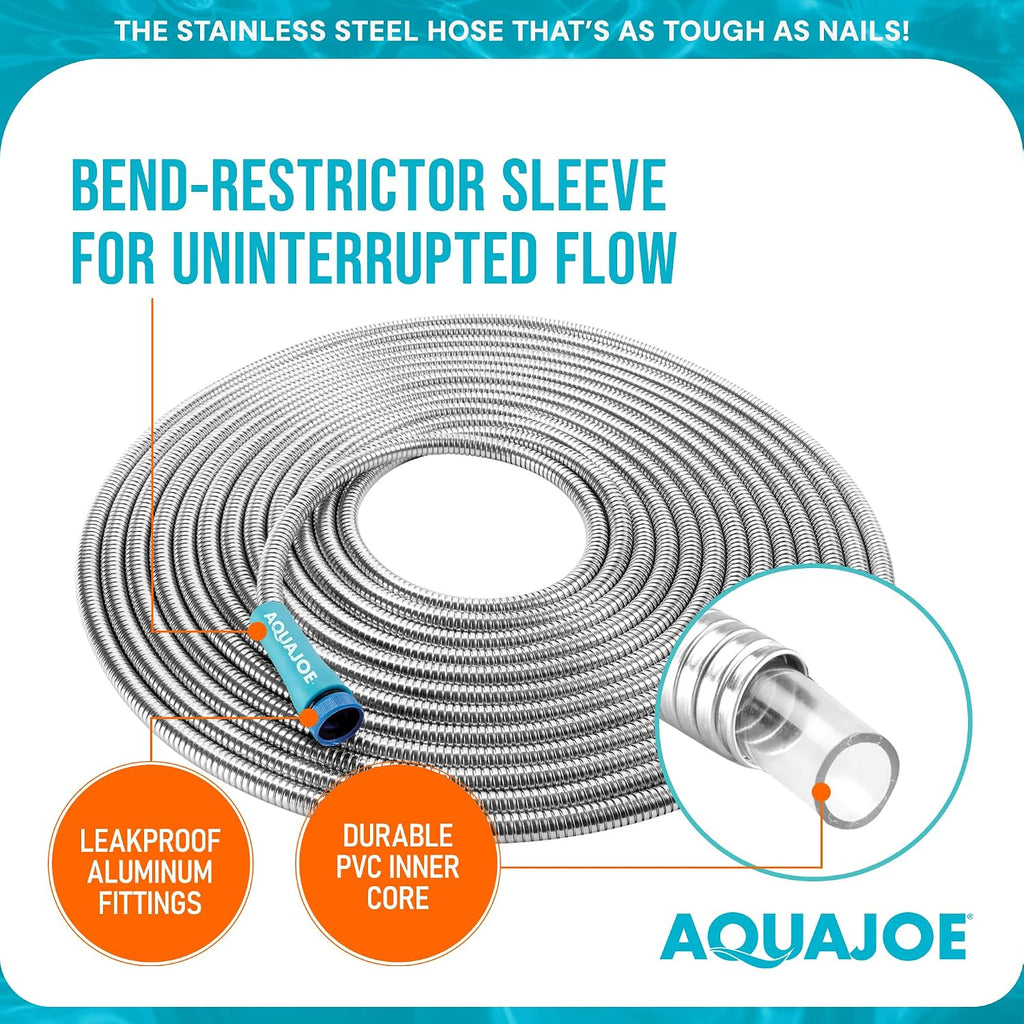 Aqua Joe 50-Foot Heavy Duty Garden Hose, Spiral 304 Stainless Steel Metal Hose, Puncture Proof, 1/2 Inch Diameter with