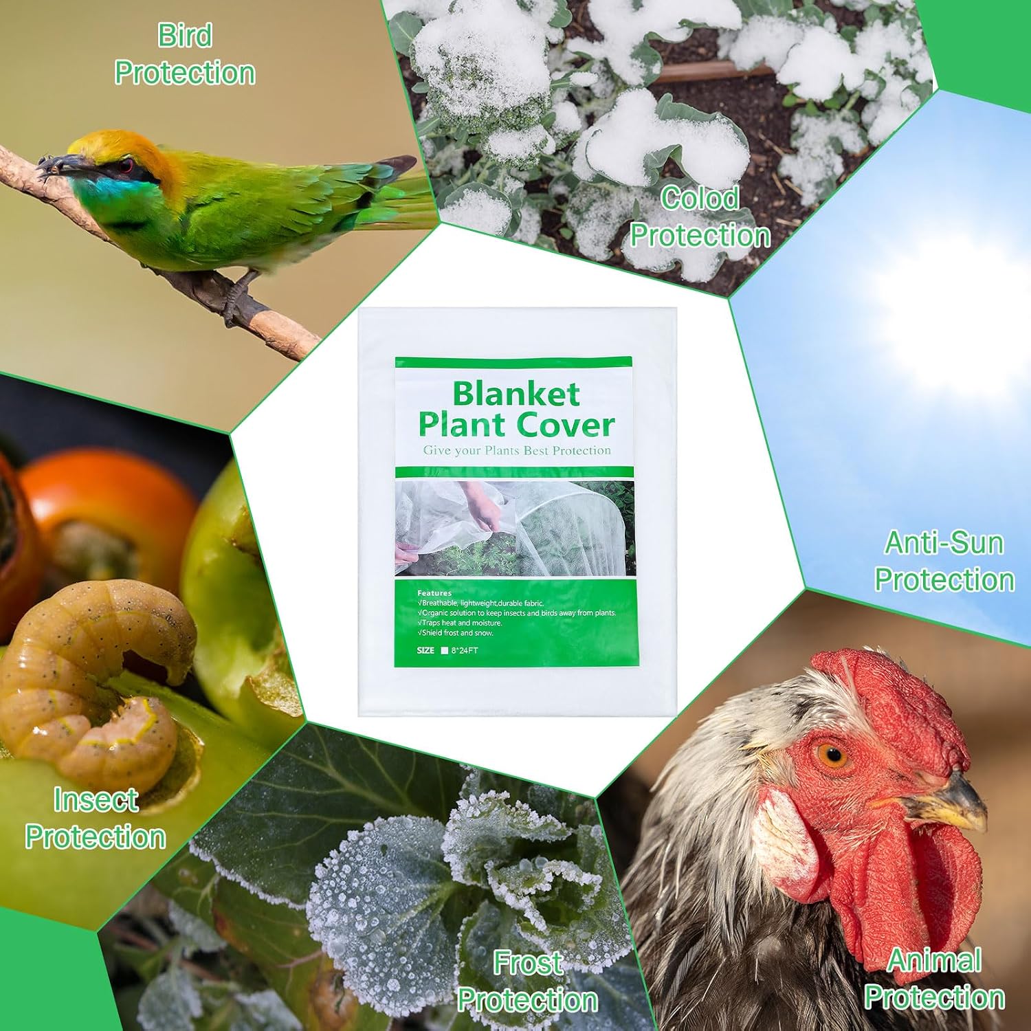 Hushee 6 Pack Plant Covers Freeze Protection, 8 x 24ft Frost Blankets Cover for Plants, Plant Frost Protection Cover