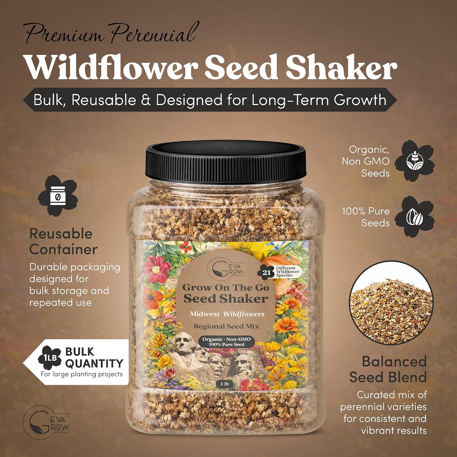 Midwest Wildflower Seeds Regional Mix - Organic, Non-GMO - 100% Pure Seed - 21 Different Wildflowers Seeds of Annual