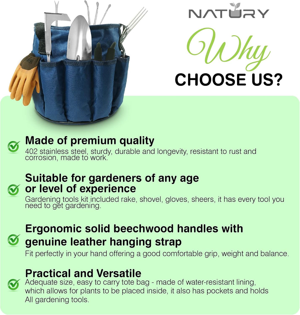 Garden Tools Set – Premium Stainless Steel Gardening Hand Tools with Solid Beechwood Handle – Gardening Kit with Rake
