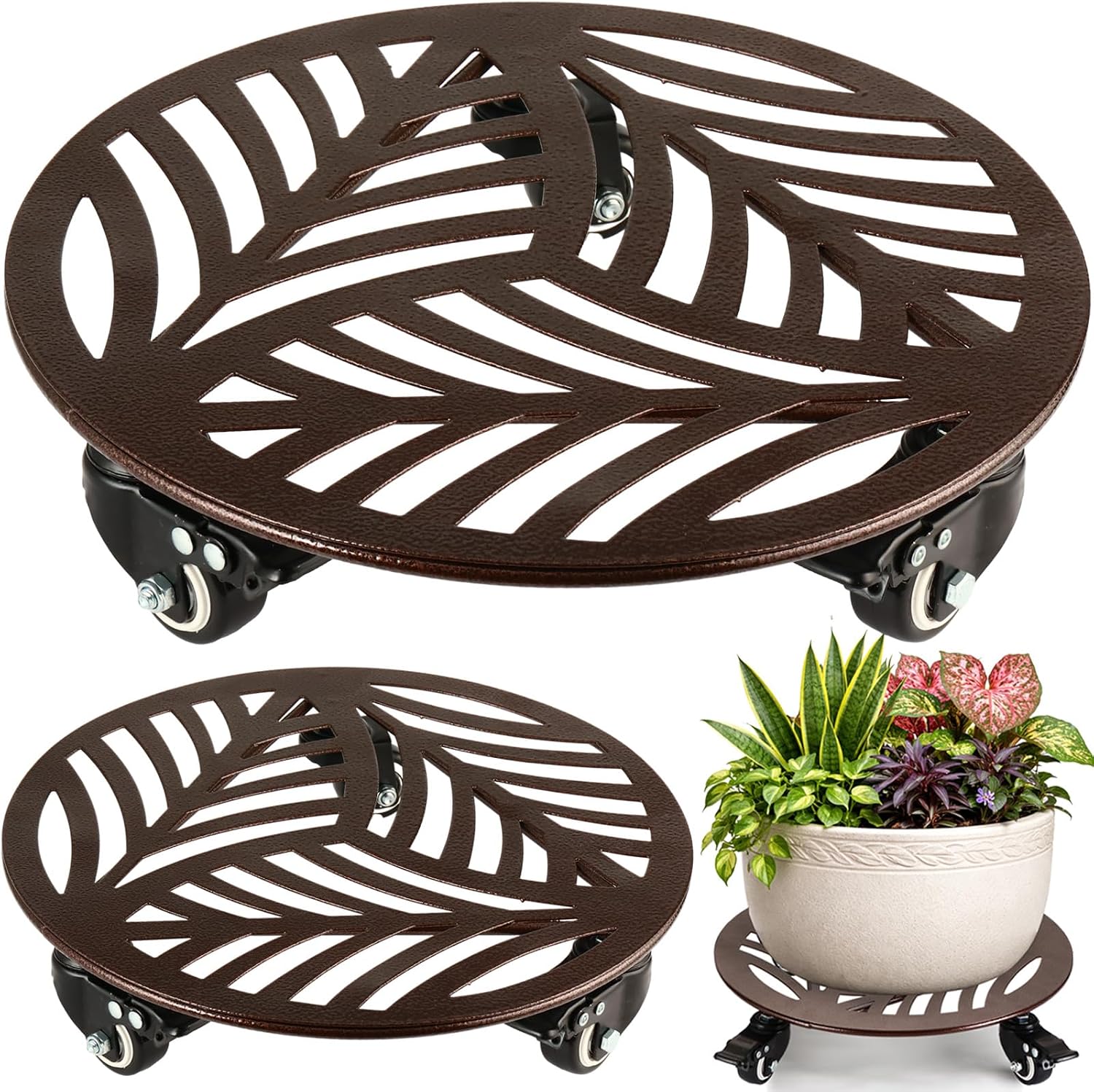 2-Pack Large Metal Plant Caddy with 3 Wheels 12 Inches Heavy-duty Rolling Plant Stands with Casters Wheeled Flower Pot