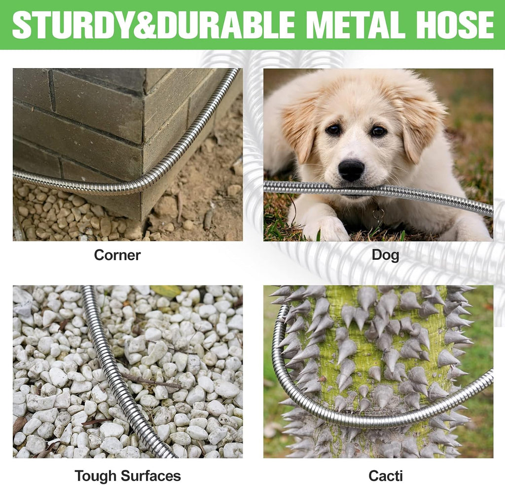 TVKB Garden Hose 100ft Stainless Steel Water Hose Super Tough Flexible Water Pipe with Brass Fittings and Sprayer