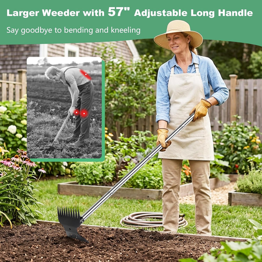 Larger Weed Puller Tool with Long Handle, 2-in-1 Heavy Duty Weed Rake & Hoe | 10 Teeth Weeding Rake, 57" Long Handle
