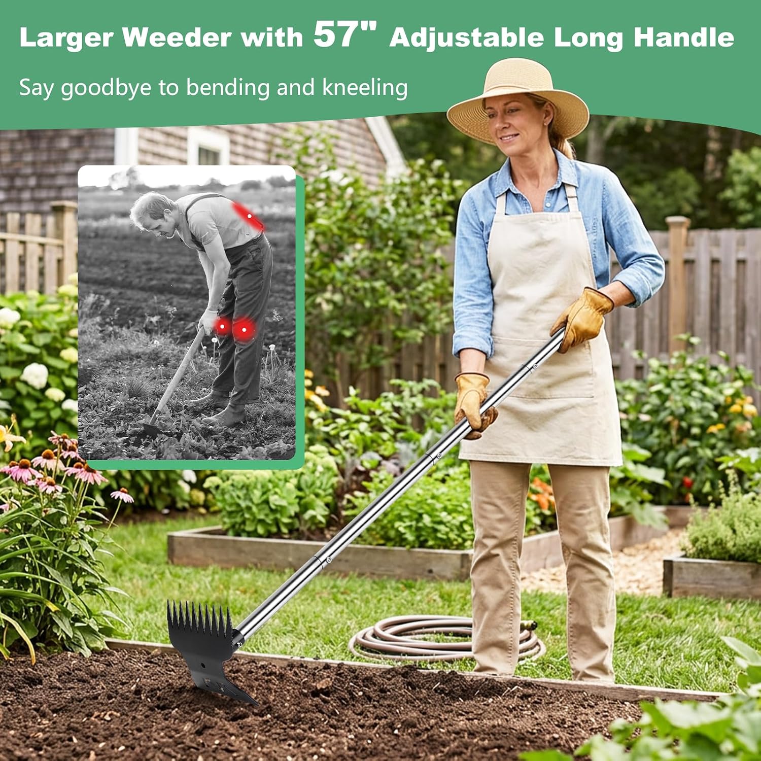 Larger Weed Puller Tool with Long Handle, 2-in-1 Heavy Duty Weed Rake & Hoe | 10 Teeth Weeding Rake, 57" Long Handle