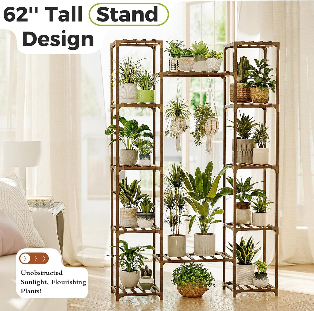 Bamworld Plant Stand Indoor Outdoor 12 Tier Tall Large Wood Plant Shelf | Widened Multi Tier Flower Stands Garden