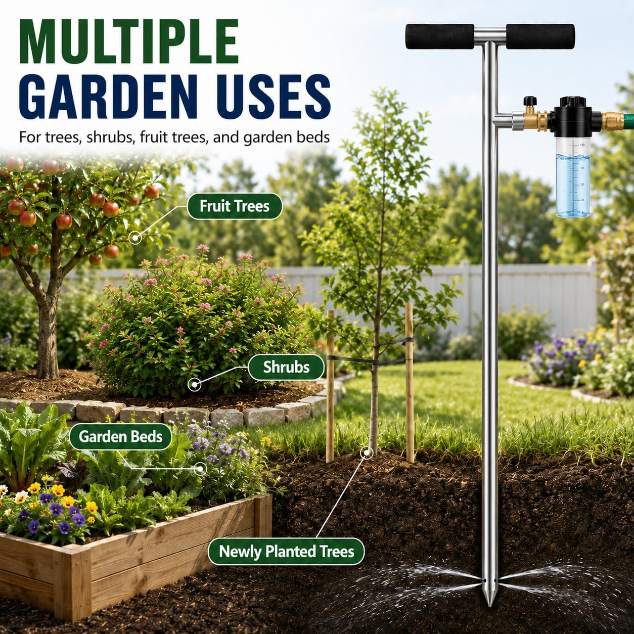 Deep Root Watering Tool for Trees Watering Spike with Fertilizer Bottle | Stainless Steel Root Feeder, Upgraded Brass