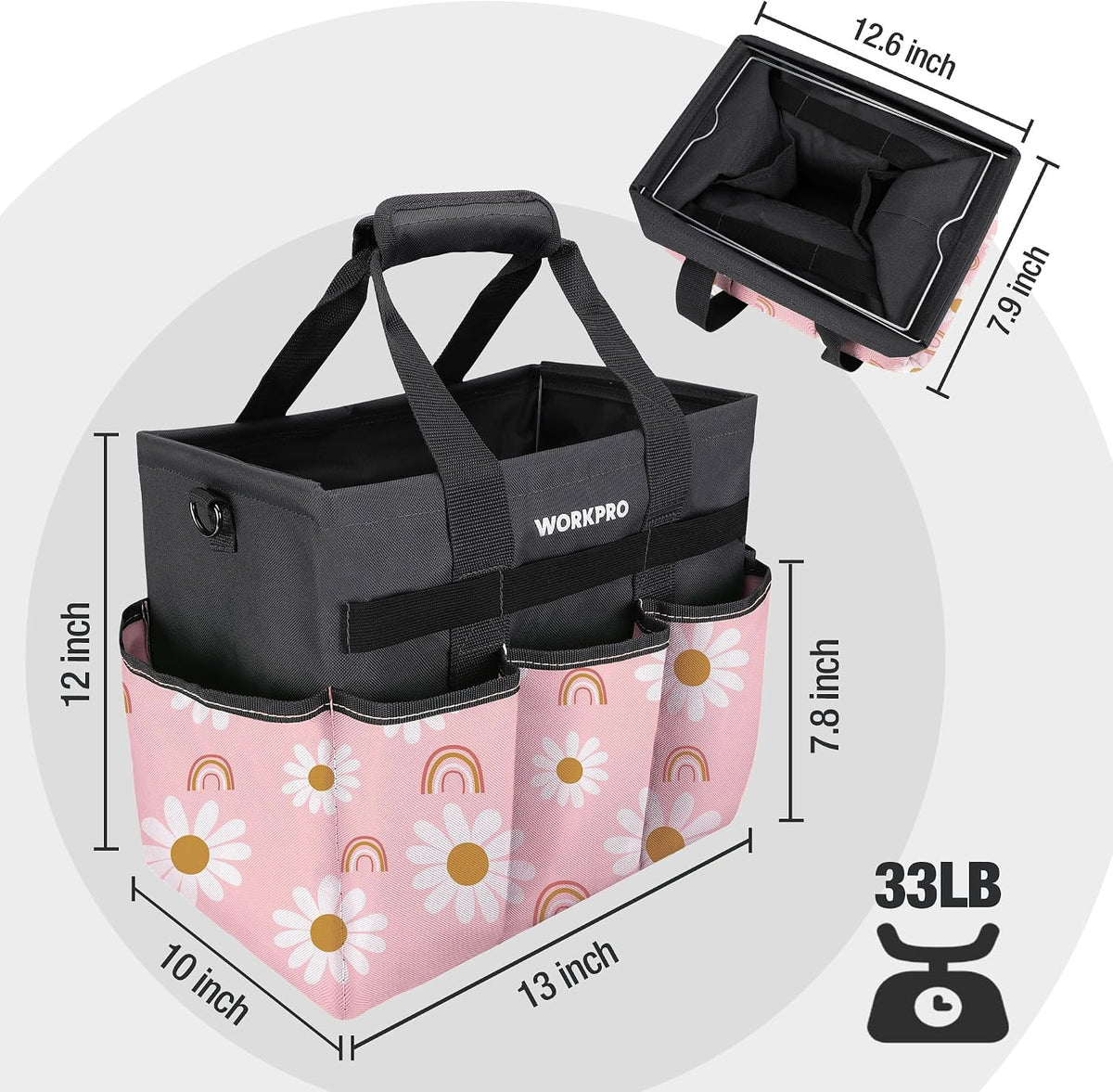 WORKPRO Garden Tool Bag, 10 Pockets and Shoulder Strap, Floral Pink | Heavy Duty Gardening Organizer Tote Bag Standable
