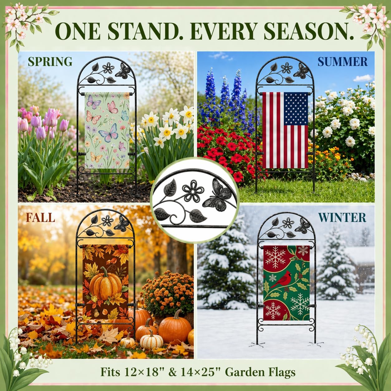 AceList Garden Flag Holder Stand, Wrought Iron 8-Prong, for 12x18 | Windproof butterfly yard pole with velcro clips