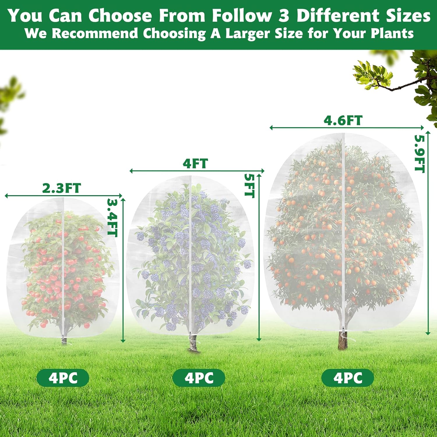 OZMI 4 Pack Fruit Tree Blueberry Bush Netting Cover, 4Ft x 5Ft Reusable Bird Netting for Garden Protection with Zipper