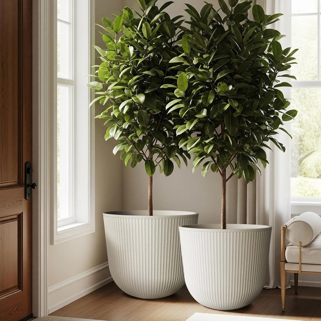 Worth Garden Round Large Planter Pot Set of 2-17.5" Dia x 15.5" H - Durable Plastic Beige Plant Tree Pots with Vertical
