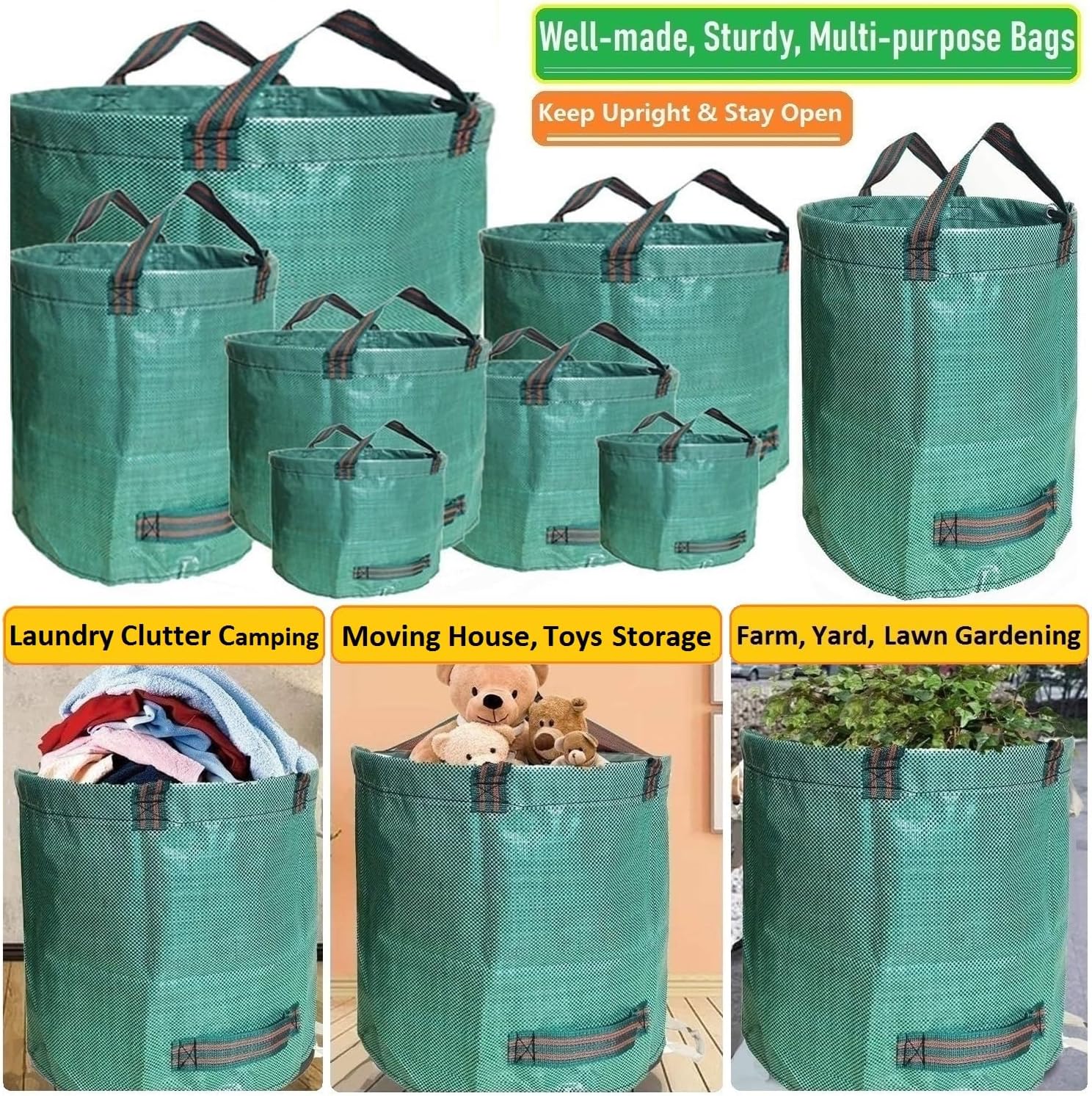 Standard 3-Pack 32 Gallon Lawn Garden Bags (D18,H30 inch) Yard Waste Bags with Gardening Gloves - Reusable Leaf