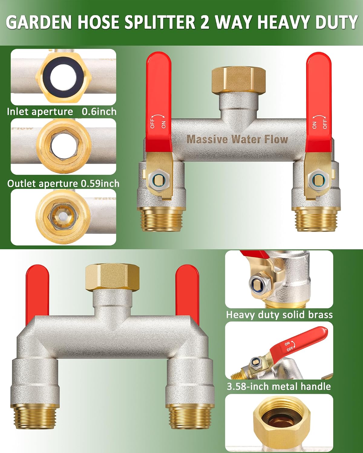 Hose Splitter 2 Way Heavy Duty, Brass Garden Hose Splitter | 304 Stainless Steel Long Handle, Full Flow Nickel Plated