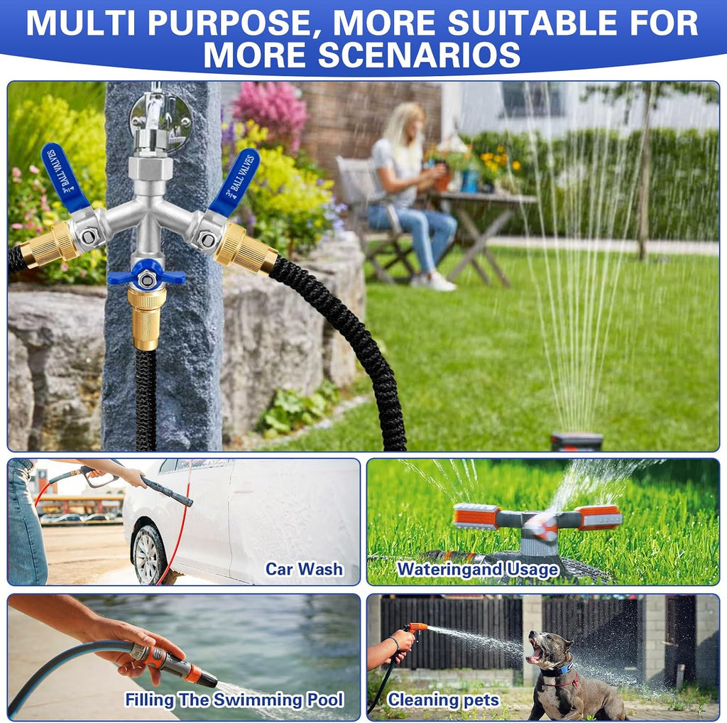 Garden Hose Splitter 3 Way, Heavy Duty 304 Stainless Steel Hose Splitter with Shut-off Valves, Full Flow Garden Water