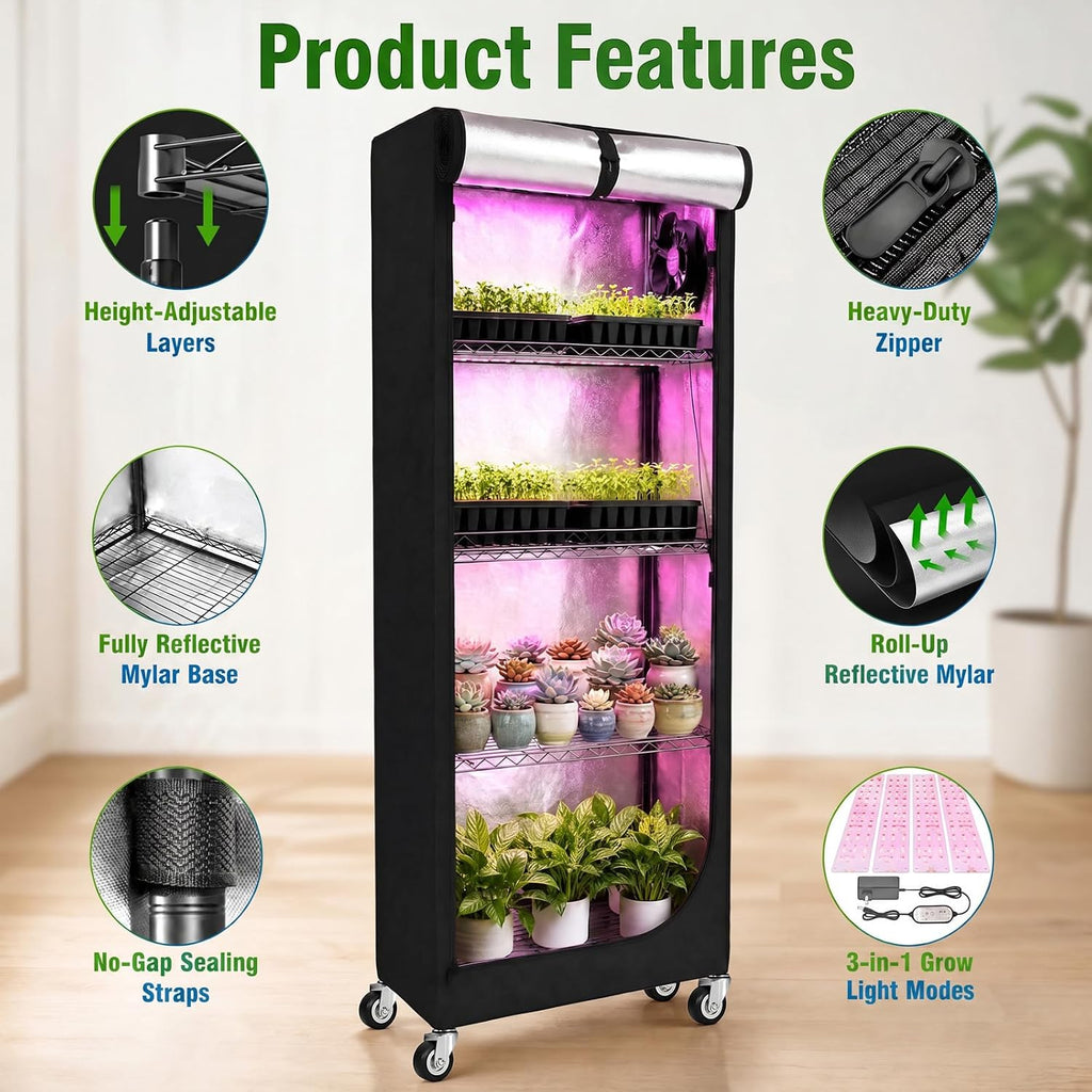 Indoor Greenhouse with Grow Light - 5 Tier DIY Plant Shelf with Cover, 4 Pack 48W Full Spectrum Grow Lights with Timer