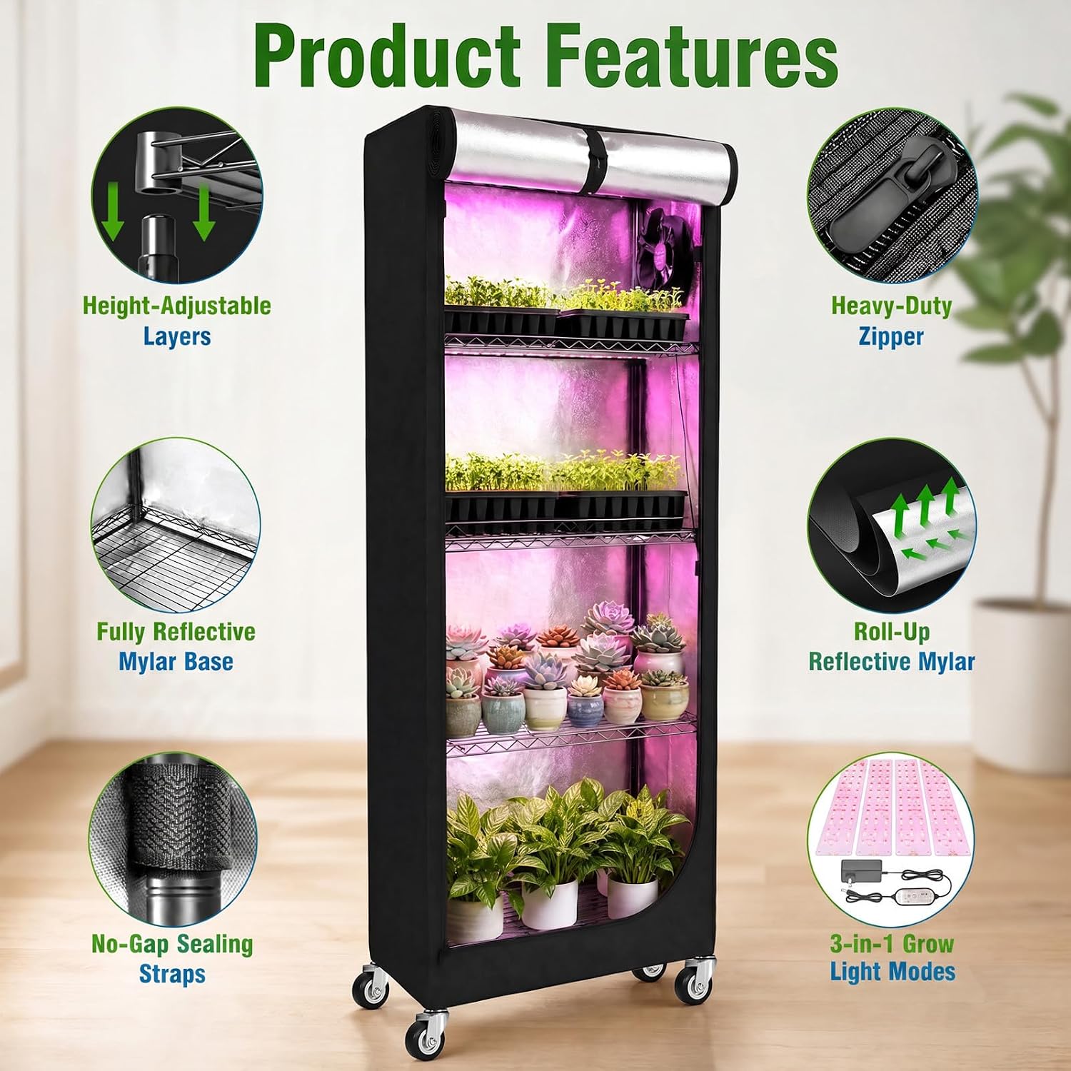 Indoor Greenhouse with Grow Light - 5 Tier DIY Plant Shelf with Cover, 4 Pack 48W Full Spectrum Grow Lights with Timer